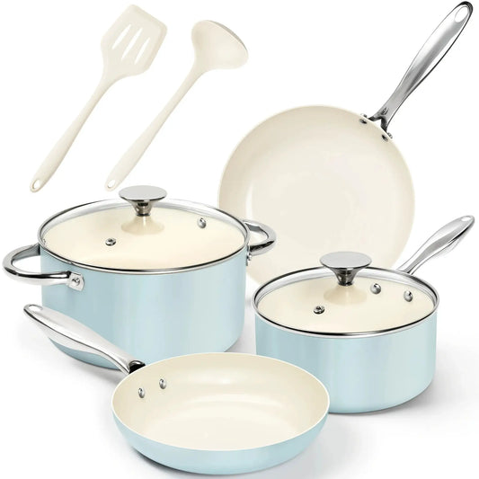 Pots And Pans Set Non Stick - Ceramic Cookware Set Non Toxic, 8pcs Nonstick Pots And Pans with Ergonomic Handle, Dishwasher Safe from PriceLows™