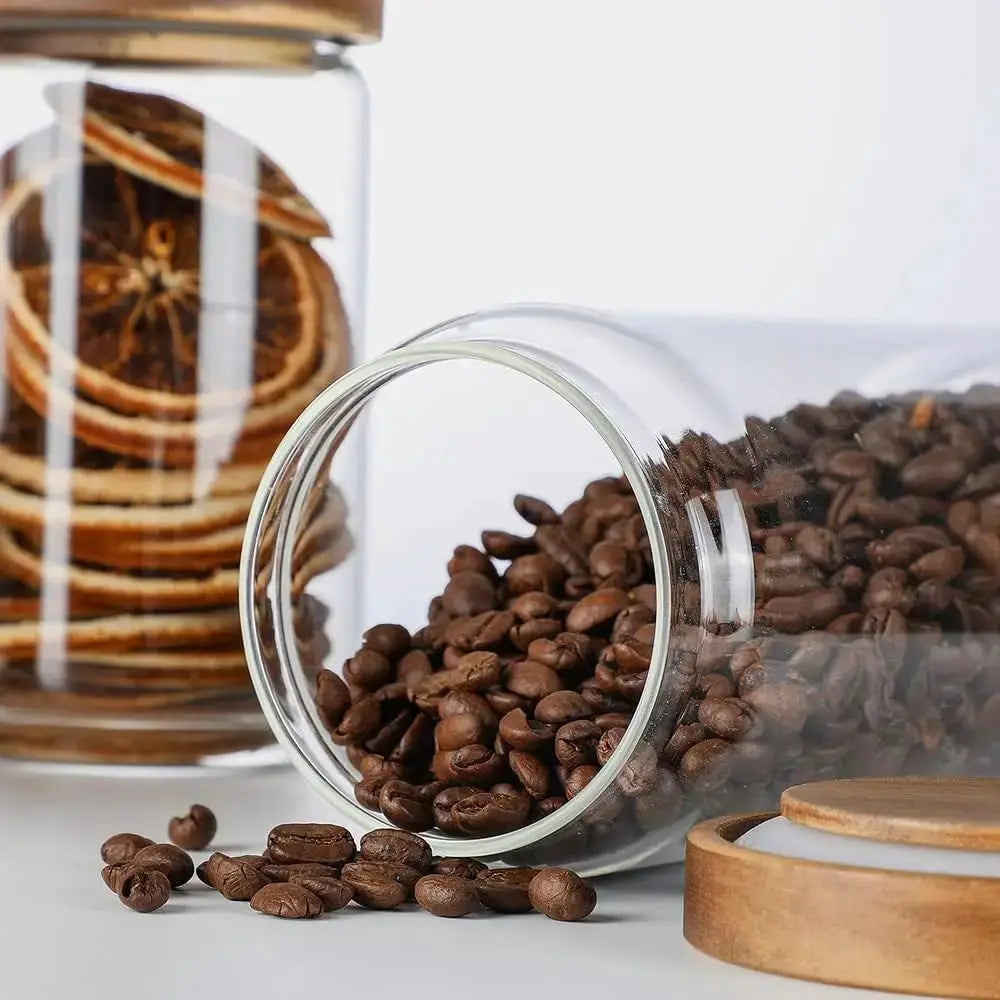 Glass Storage Jars with Wood Lid [Set of 3], 34OZ Airtight Food Containers Stackable for Coffee Beans/ Nuts/ Pasta/Cookie from PriceLows™