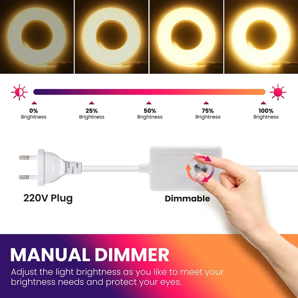 Dimmable 220V COB Led Strip Light ON/OFF Dimmer 288Leds/M Waterproof Flexible Neon Lamp EU Power Kit Warm White Red Home Decor from PriceLows™
