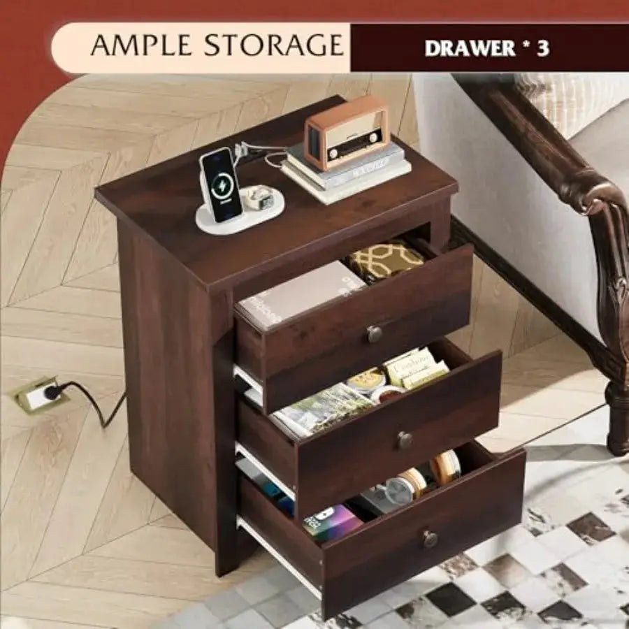 Tall Nightstand with Charging Station, Wood Night Stand with 3 Drawers Storage, Bedside Table End Side Tables with 2 USB Ports from PriceLows™