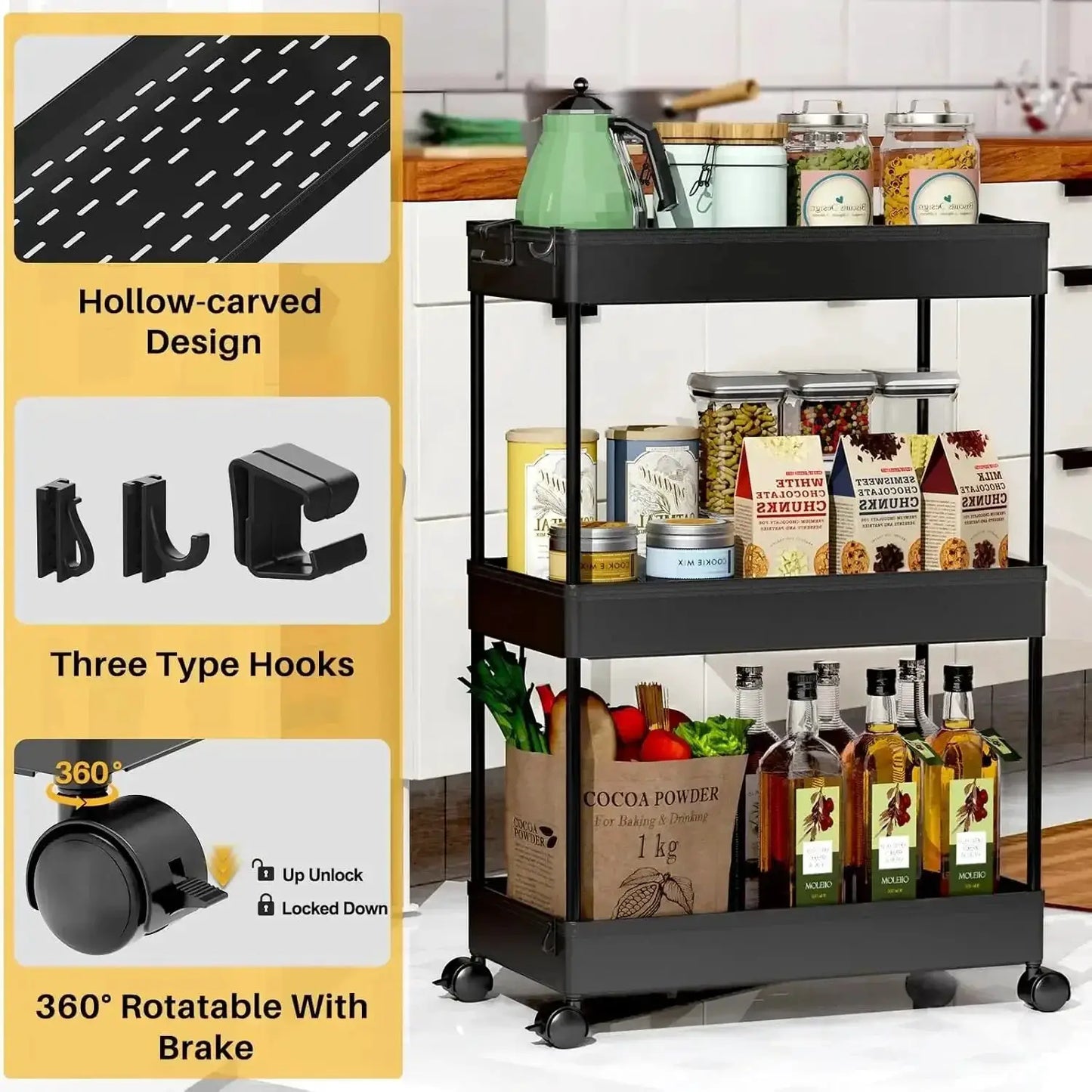 Rolling Storage Cart 3 Tier, Bathroom Cart Organizer Mobile Shelving Unit Multi-Functional Shelves for Office, Kitchen, Bathroom from PriceLows™