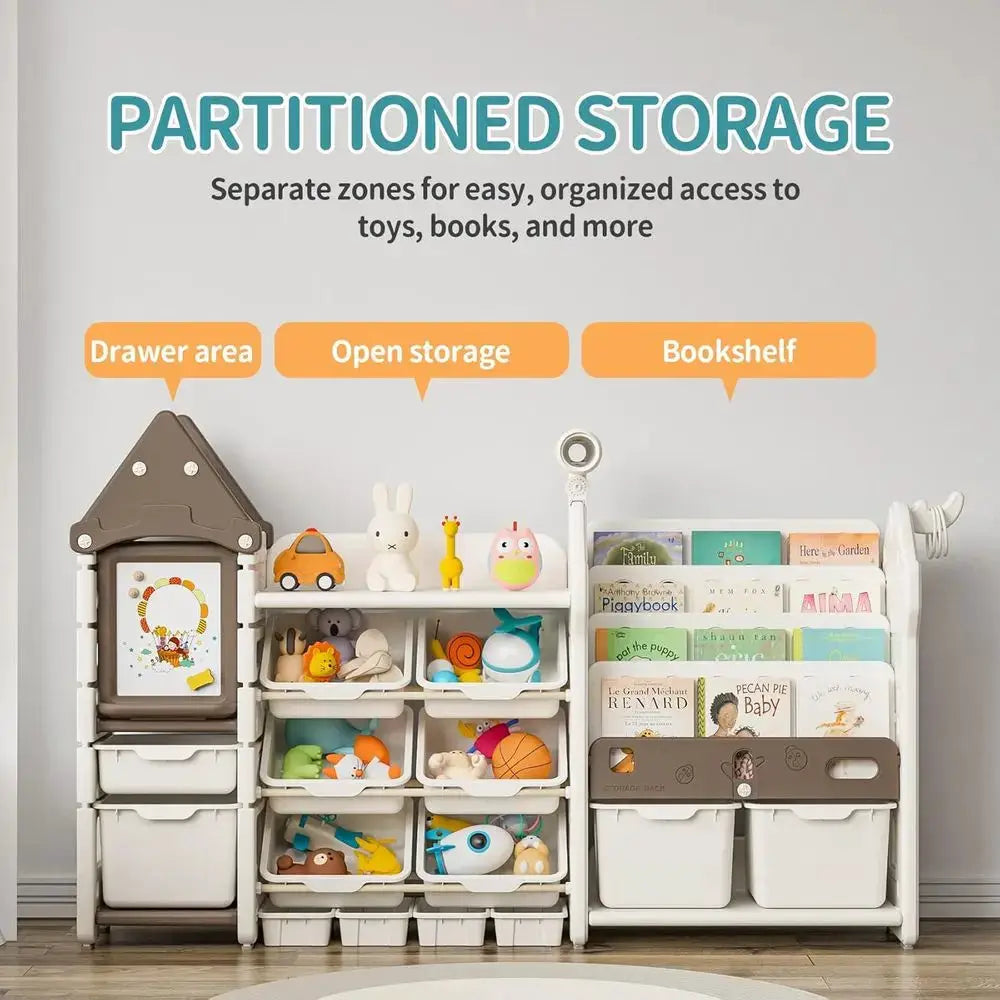14-Bin Playroom Storage Organizer and Bookcase, Toddler HDPE Shelving with Ding Board, Suitable for Nursery, Bedroom, and Playro from PriceLows™