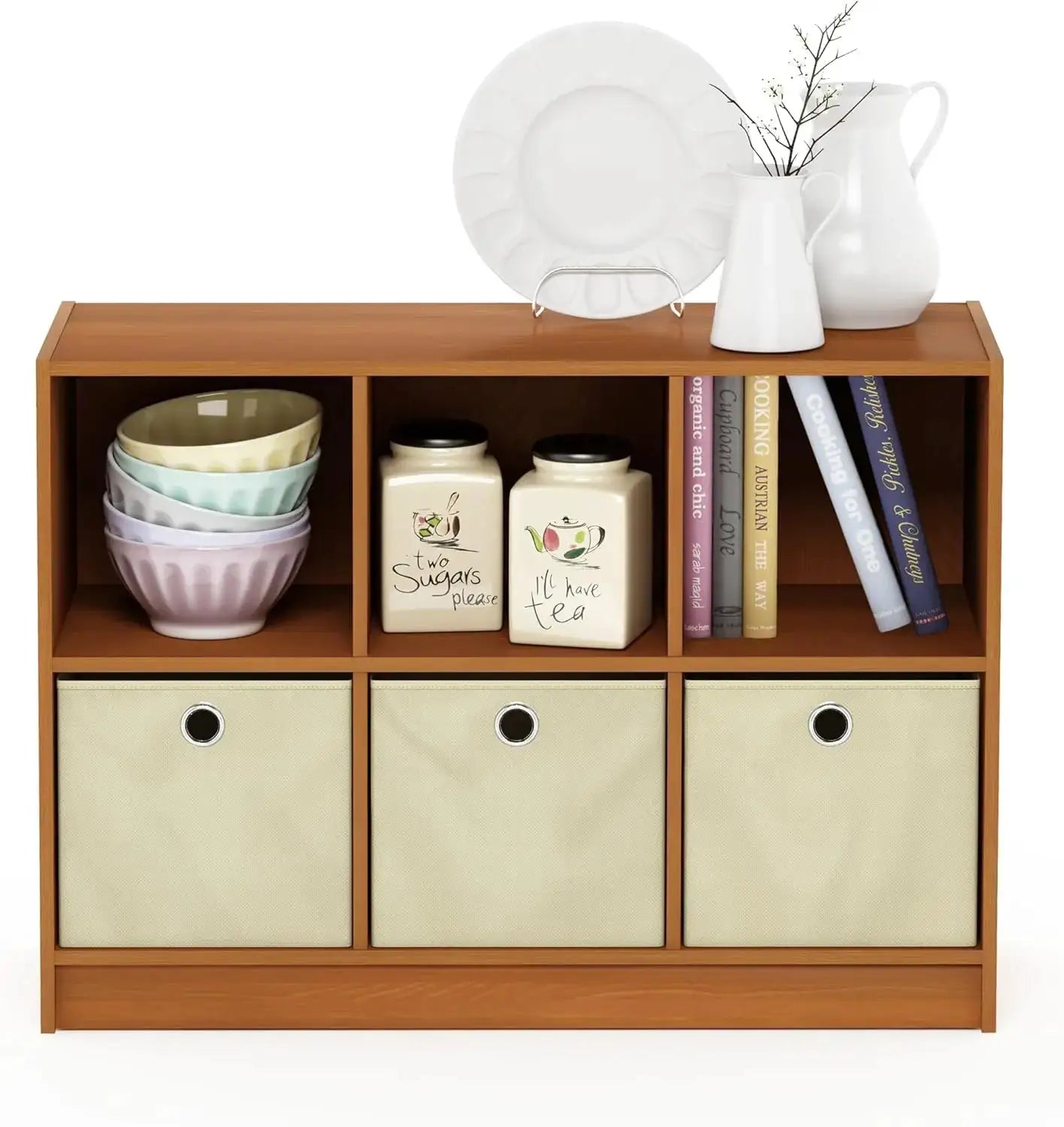 3x2 Cube Bookcase with Storage Bins, Light Cherry/Ivory Finish - 6-Cube Organizer for Home & Office from PriceLows™