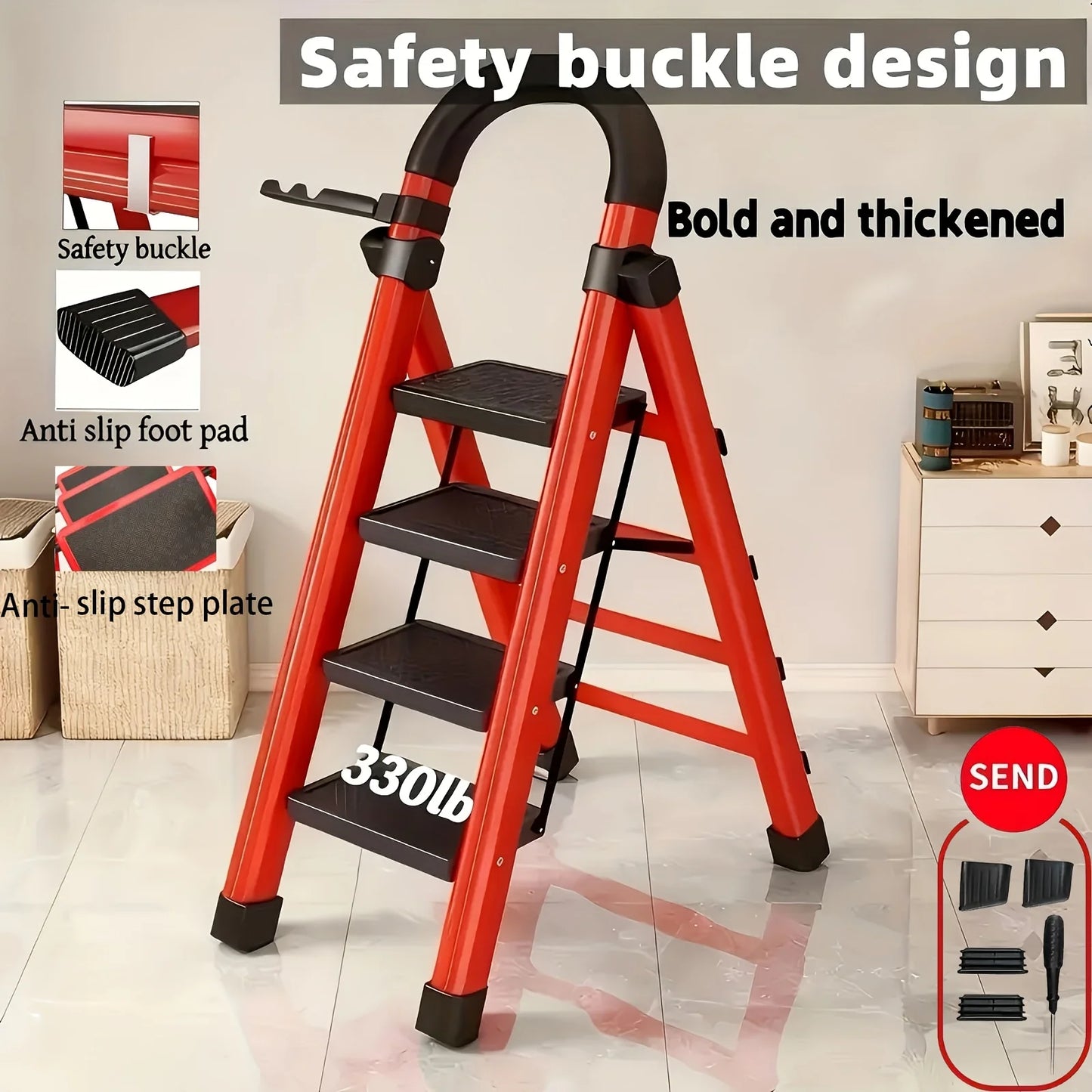330lbs Load-bearing Folding Ladder | Heavy-duty Steel Step Stool with Anti-slip Wide Treads, Handrails, Safety Lock Design, Black And Red Color Scheme, Portable Multi-functional Ladder for Home And Kitchen Use-CVNU from PriceLows™