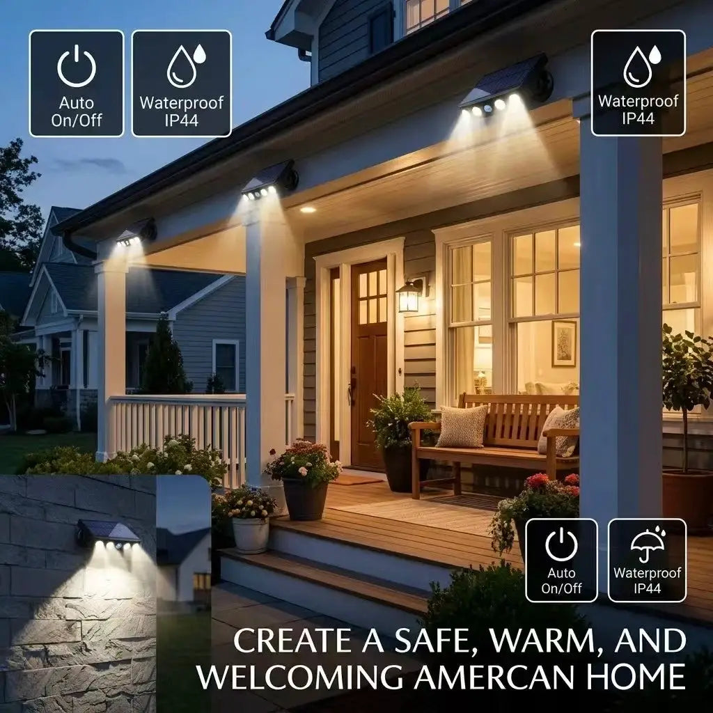 Outdoor Solar Powered Wall Light with Smart Motion Sensor 4 LED High Brightness Warm White Light IP44 Waterproof Wireless Security Light 2200mAh for Courtyard Porch Garage Fence Garden Eco-Friendly American Home Outdoor Light from PriceLows™