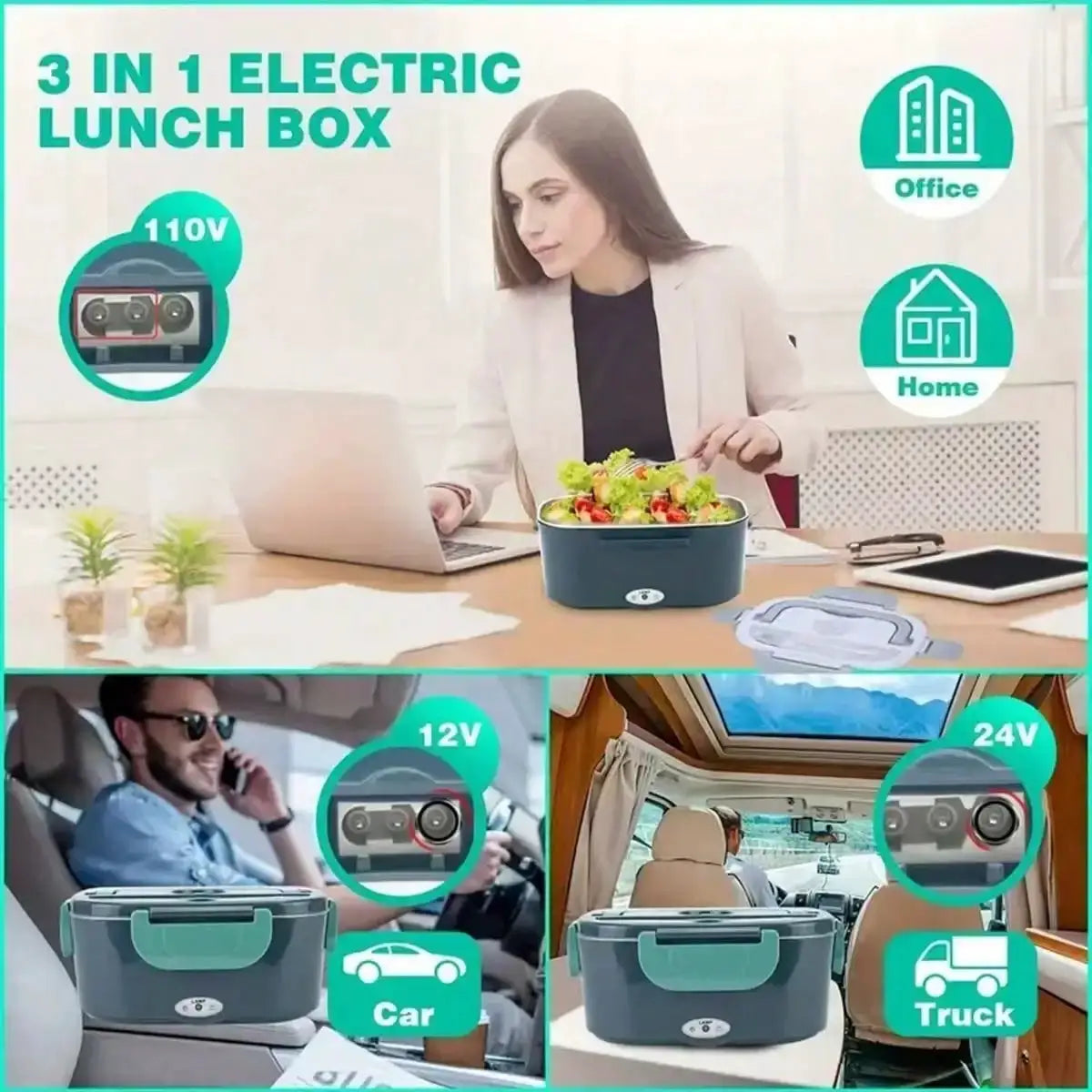 Electric Heating Lunch Box; 1.5L 304 Stainless Steel Dual Compartment Food Warmer, 12V Car Use, Portable Heated Bento Box With Fork, Spoon & Insulated Bag, Viral Must-Have For Office, Travel & Road Trips, Perfect Gift For Com from PriceLows™