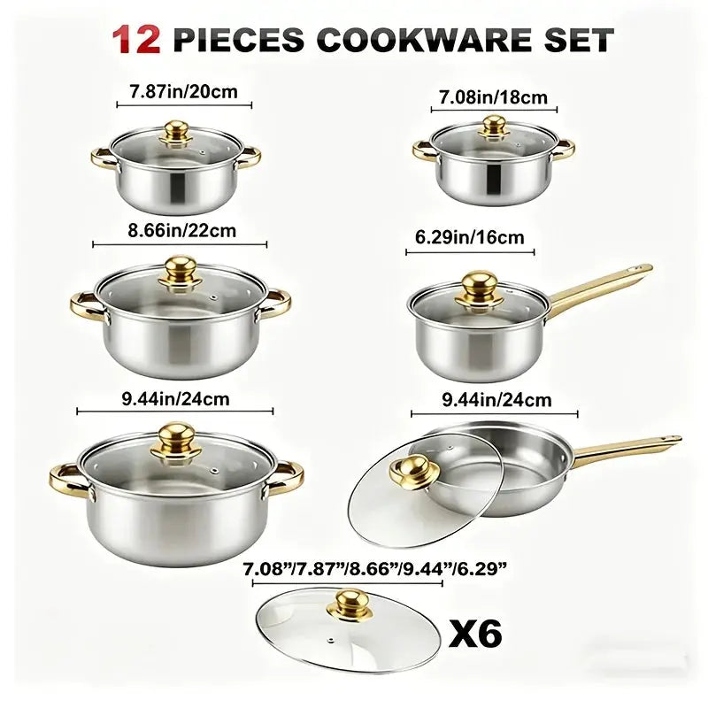us10/12pcs Stainless Steel Cookware Set - Non-Stick Frying Pan, Stockpot And Milk Pot with Lid - Multi-Functional Kitchen Essentials, No Charging, No Batteries, Oranged from PriceLows™