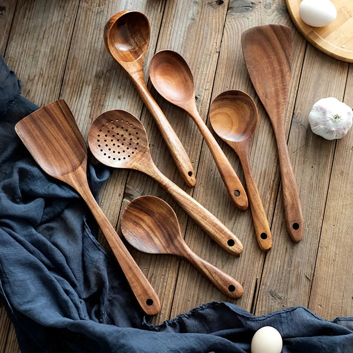 Wooden Kitchen Utensils | Natural Finish | Storage Bucket Included | 5 Piece