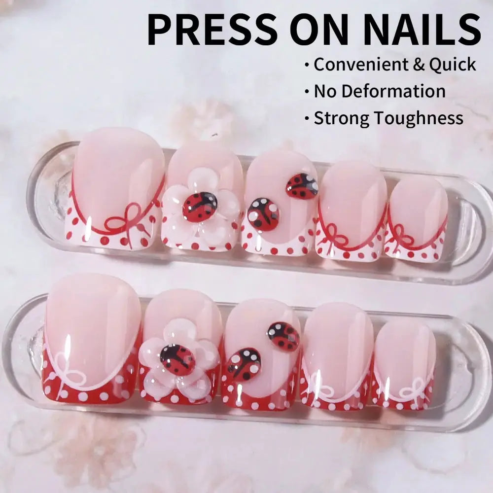 24 pieces per set. Rectangular 3D gel flower polka dot ladybug red French nail art stickers. Summer nail set. from PriceLows™