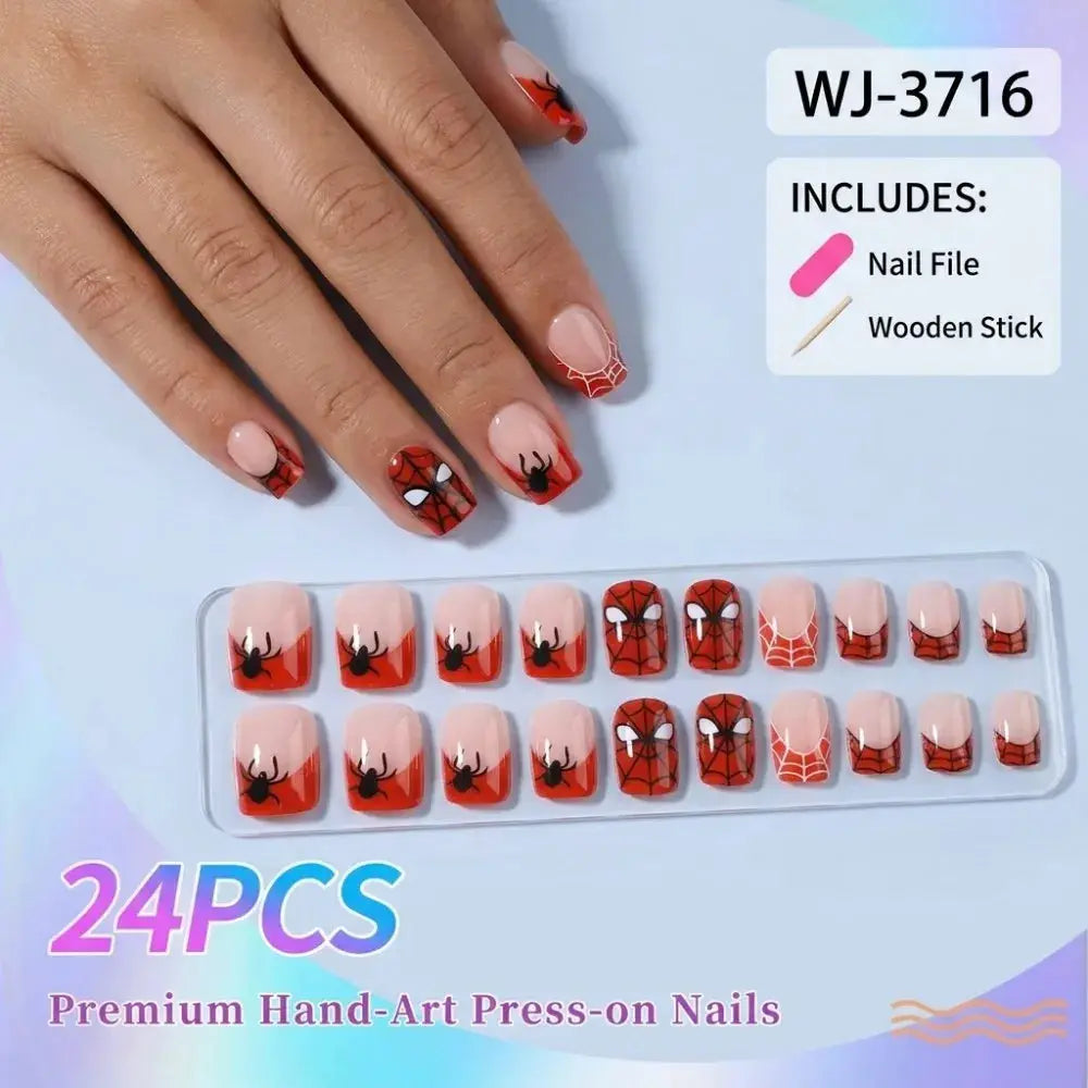 Press On Nails | Short Square | Red French Tip Spider Web | 24 Piece Set