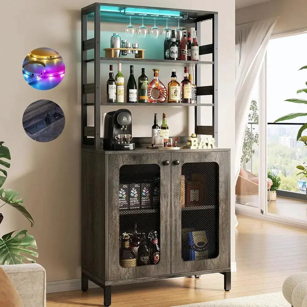 26.9 LED-lit Wine & Liquor Bar Cabinet with Power Outlets and Glass Holders, Black Oak Finish from PriceLows™