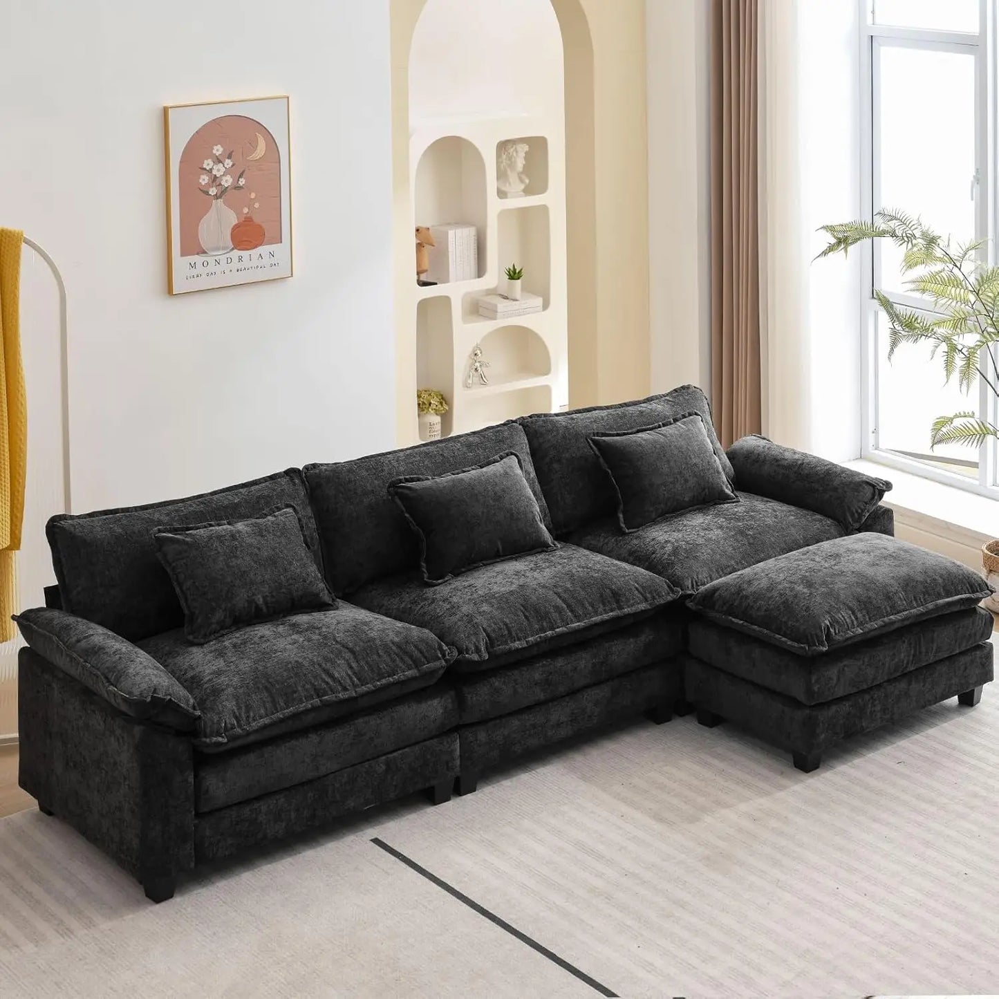 Sectional Sofa | L-Shaped With Ottoman | Chenille Fabric | Seating For Four