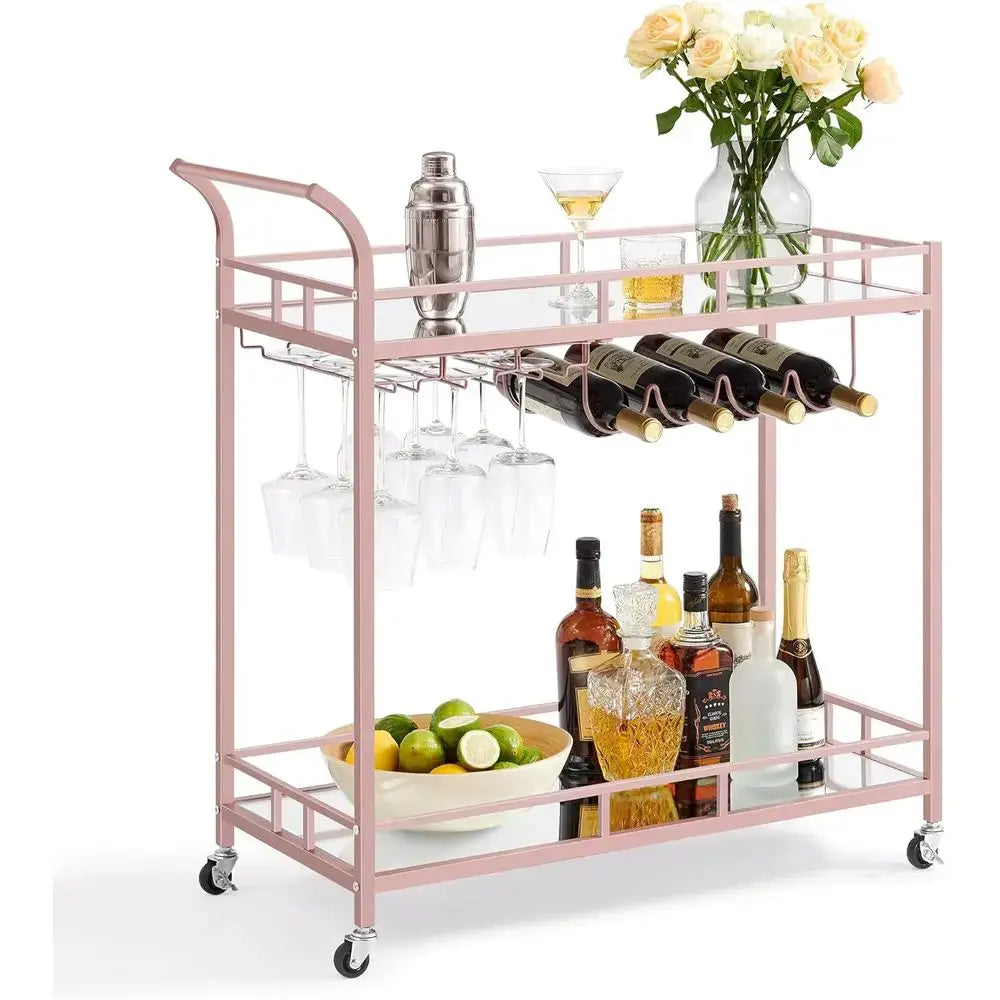 Rose Gold Home Bar Cart with 2 Mirrored Shelves, Wine & Glass Holders for Kitchen or Dining Room from PriceLows™