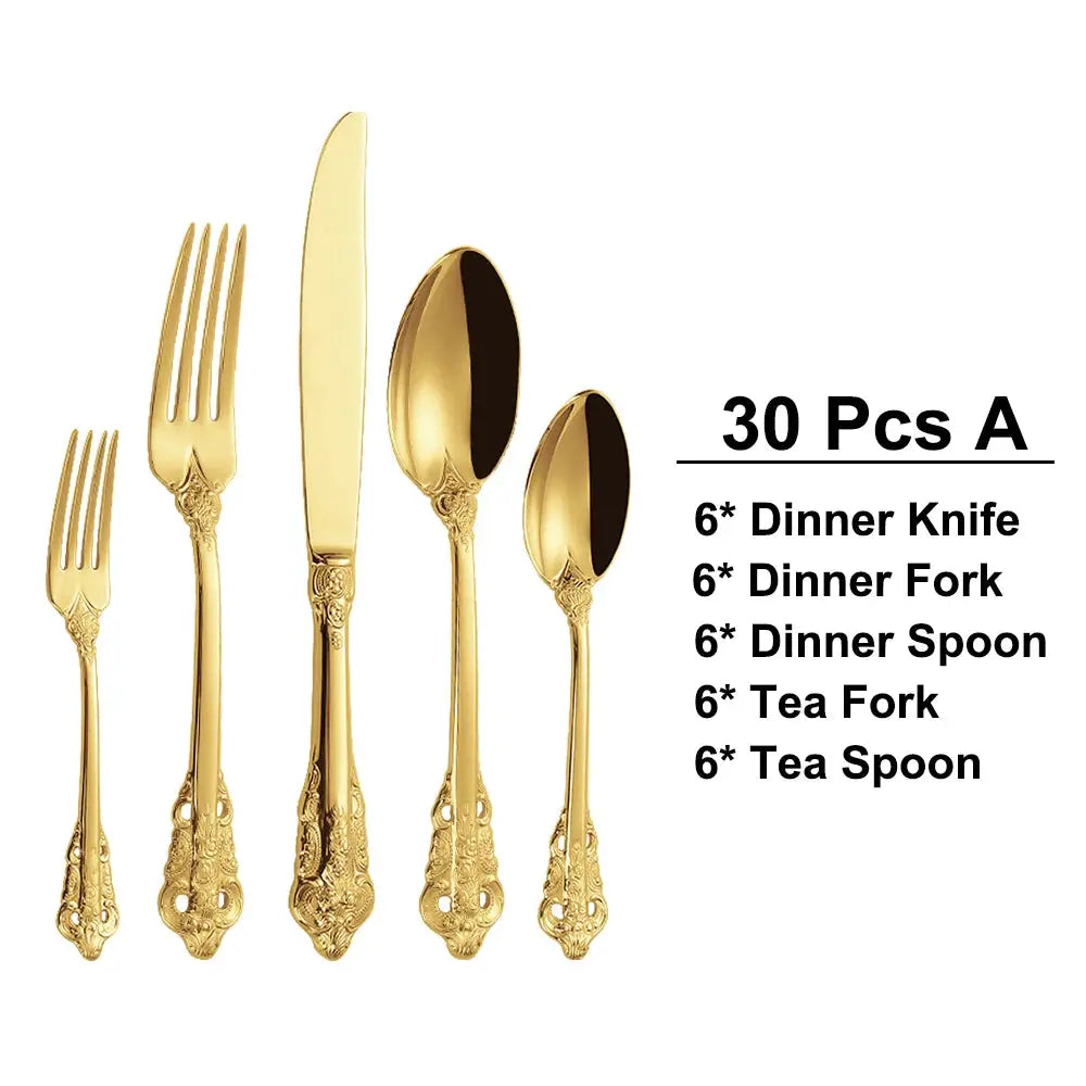 30 Pieces Gold Plated Luxury Cutlery Set Stainless Steel Vintage Western Tableware Sliver Knife Spoon Fork Set Kitchen Utensils from PriceLows™