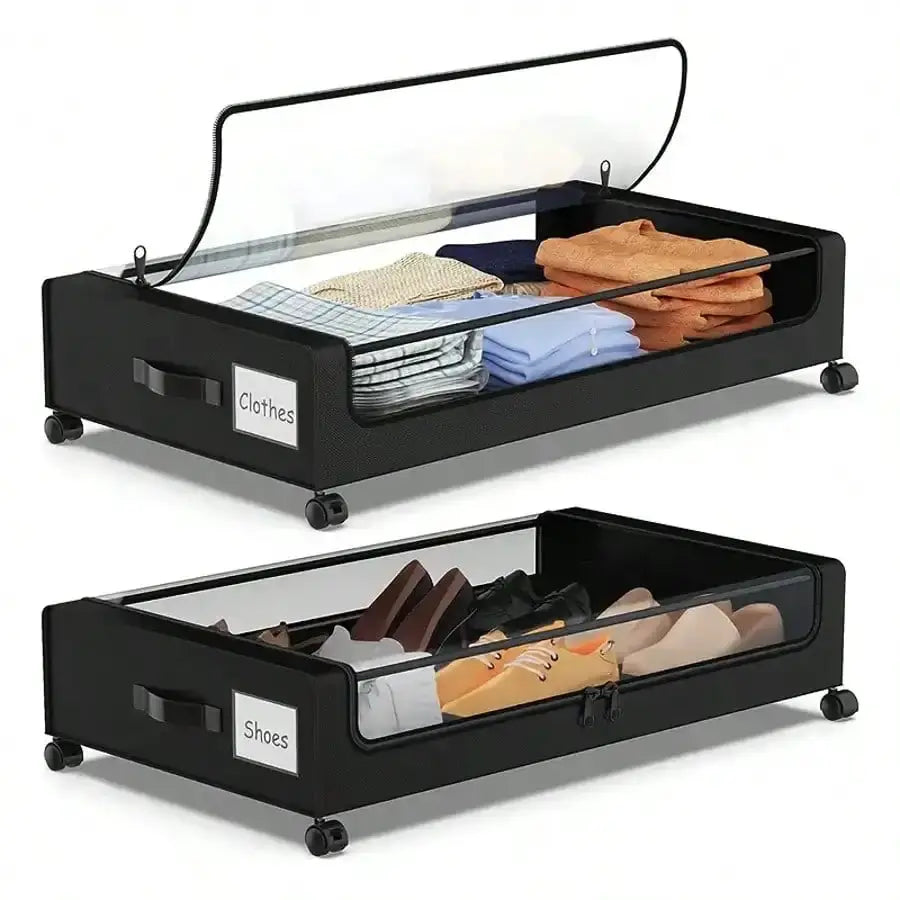 Under Bed Storage | Rolling Wheels | Black Fabric Clear Zip Lid | 2 Pack