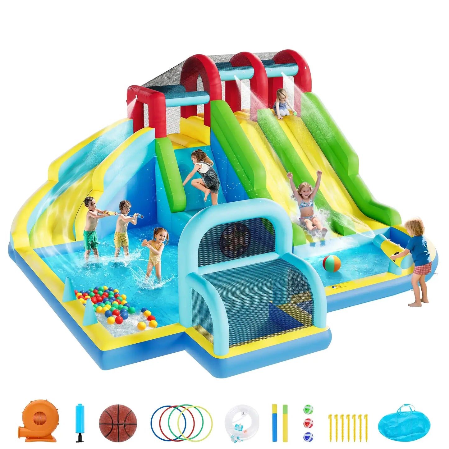 Inflatable Bounce House With 3 Slides, Water Slide Bouncy Castle With Splash Pool & Blower For Kids Indoor Outdoor Play Center Set from PriceLows™