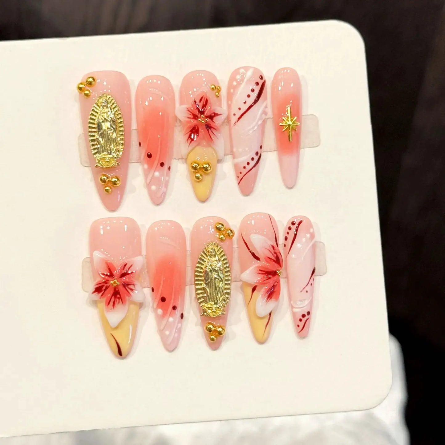 Acrylic Nails | Long Stiletto | Floral Rhinestone Design | 10 Pieces
