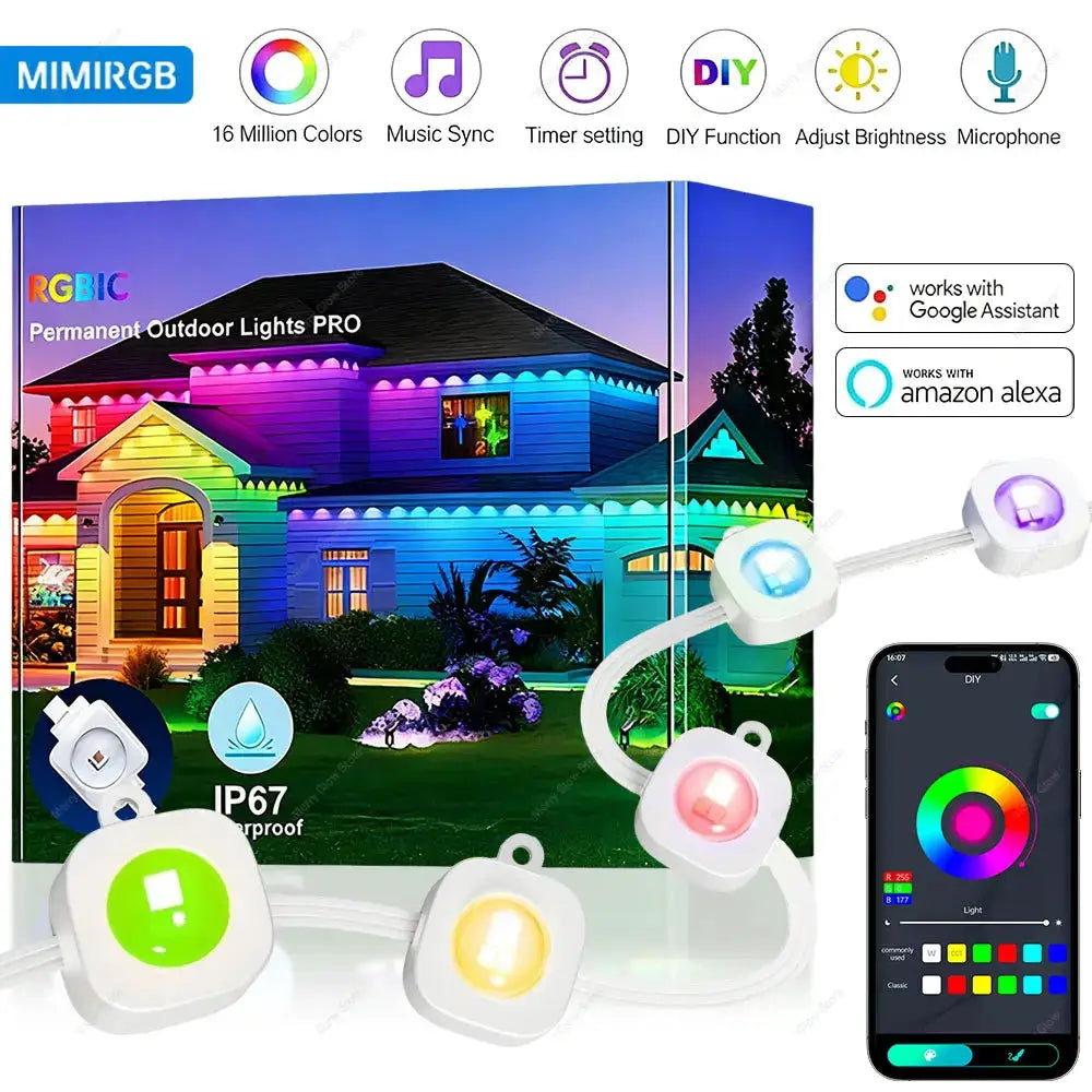 60M Smart RGB Eave Lights App & Remote IP67 Permanent Outdoor LED String Lights Home New Year Christmas Birthday DIY Lighting from PriceLows™