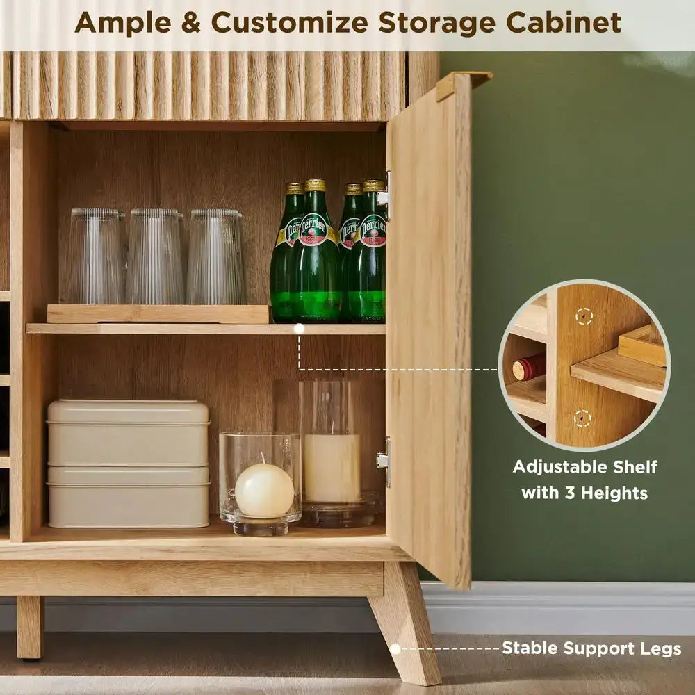Fluted Wine Bar Cabinet, 60 Wide Modern Buffet Sideboard with Ample Storage 2 Side Cabinets, 3 Drawers, 4 Glass Holders amp 12 from PriceLows™