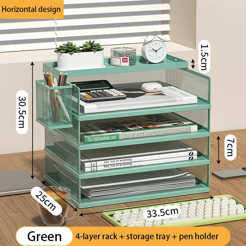 Stackable Letter Tray | 4-Tier | Green Metal | Pen Holder Included