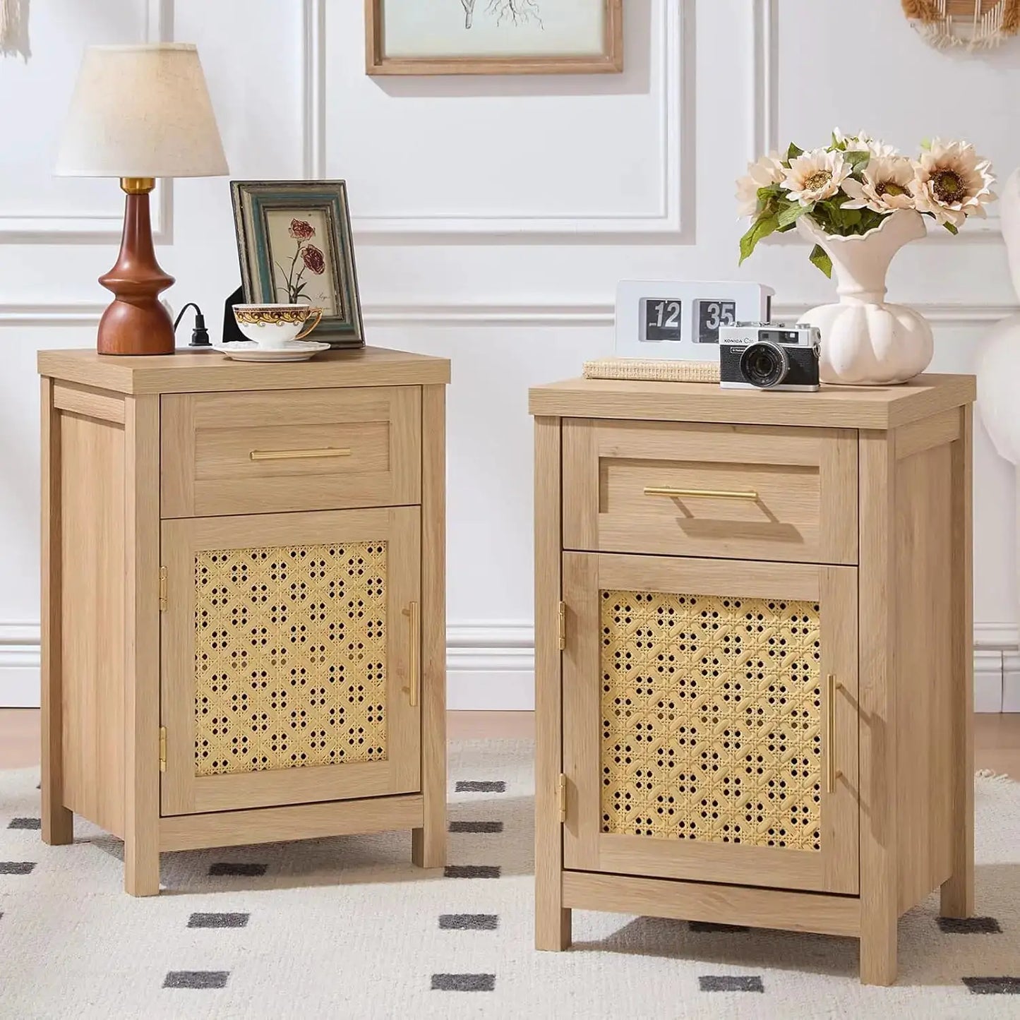 Boho Rattan Nightstand Set of 2 with Type-C Charging Station, Drawer & Adjustable Shelf, Natural Oak from PriceLows™