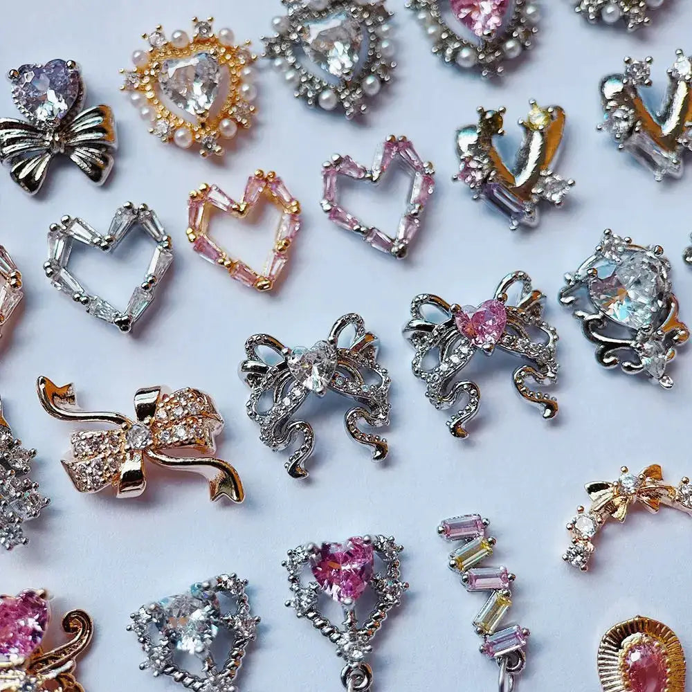 10pcs Valentine's Day Pink Love Heart Ribbon Zircon Metal Nails Jewelry Decorations Nail Art Accessories Charms Parts Supplies from PriceLows™