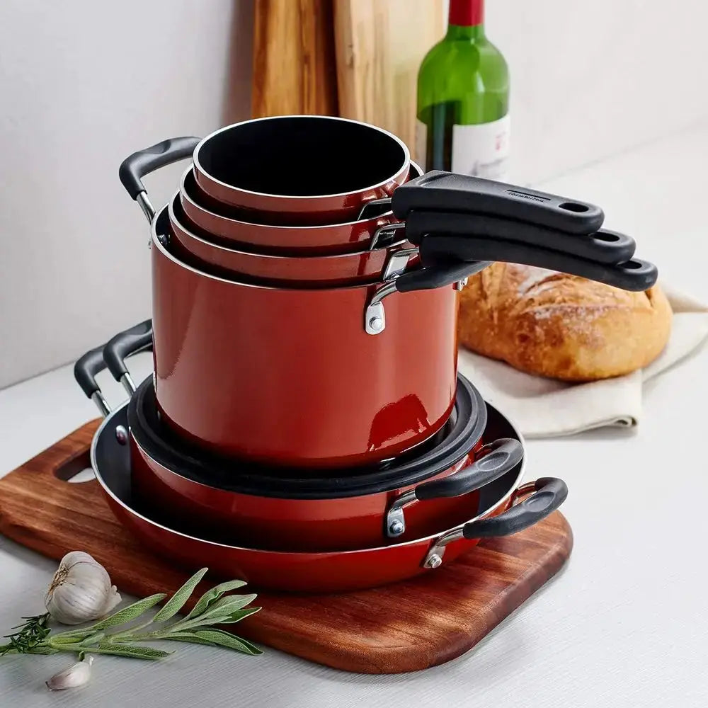 Red 11Pcs Nesting Aluminum Non Stick Pots Pans Set With Lids Dishwasher Oven Safe Kitchen Cookware from PriceLows™