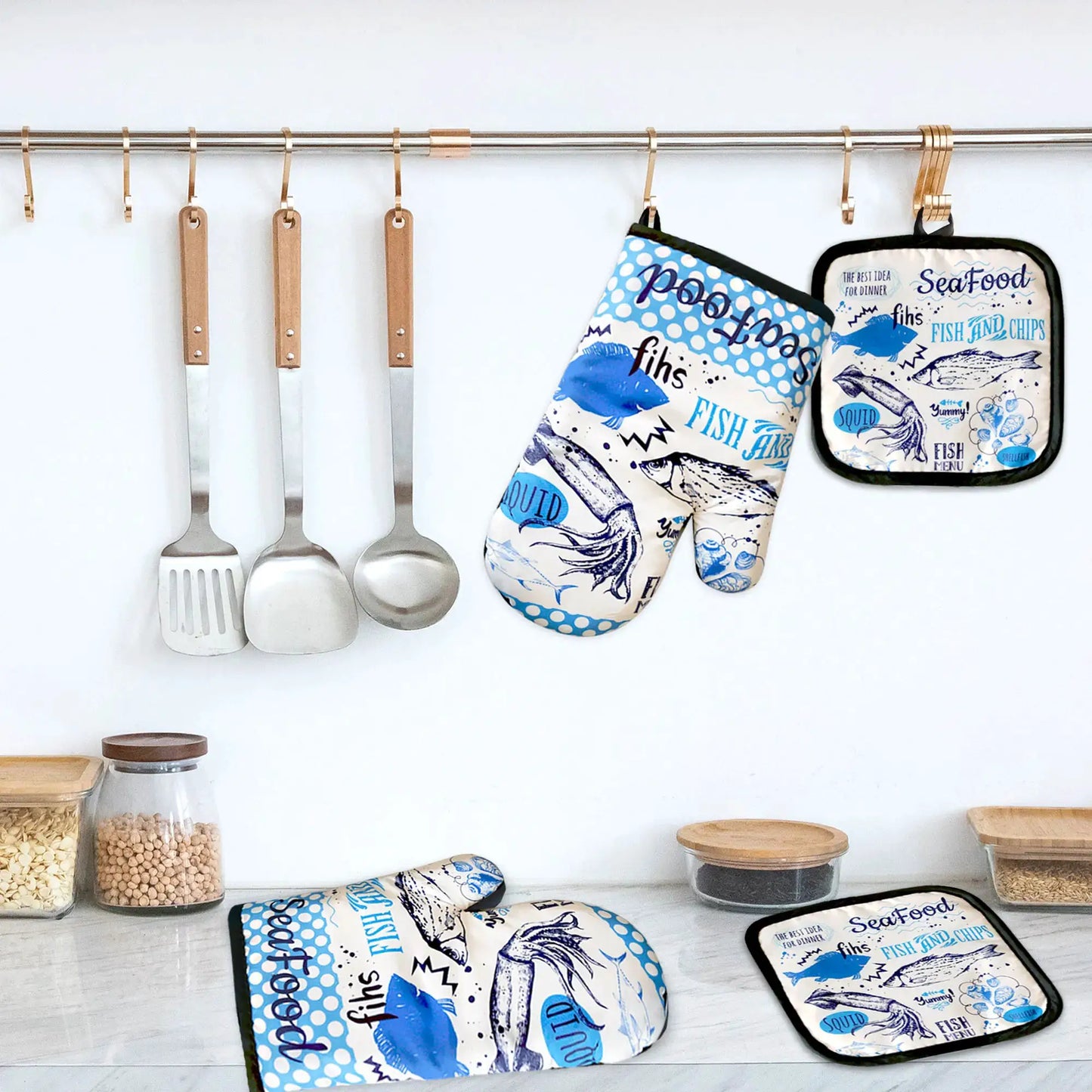 Oven Mitt Set | Insulated Heat Resistant | Cartoon Design | Set 2 Glove and Pad