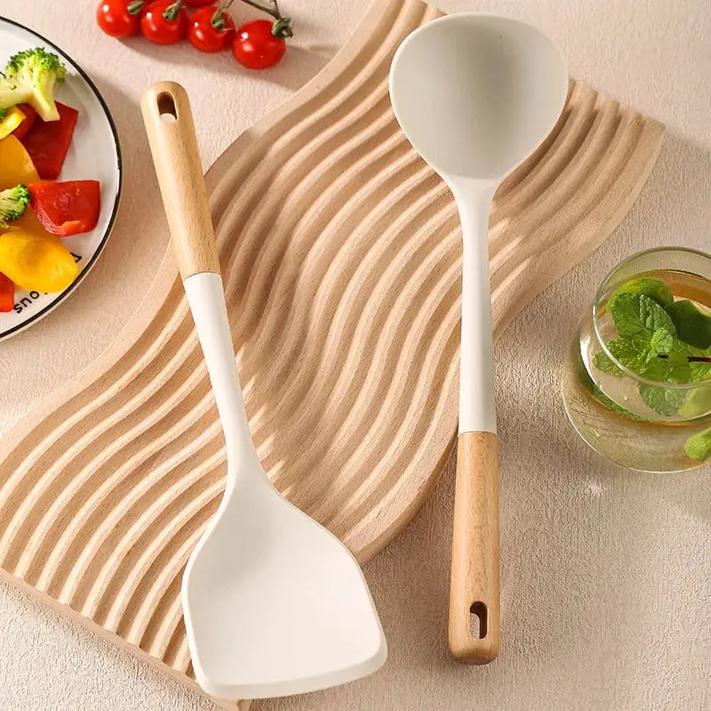 New Silicone Kitchen Cooking Utensils Set Durable Hardwood Handle Heat Resistant Tool Non-stick Turner Slotted Spoon Spatula Kit from PriceLows™