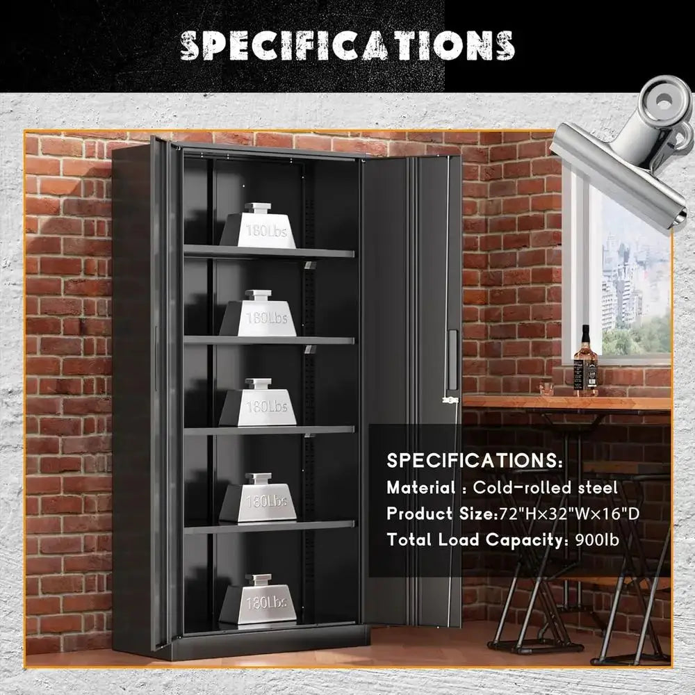 72-Inch Tall Black Steel Lockable Cabinet with 4 Adjustable Shelves for Garage, Office, and Home Storage from PriceLows™