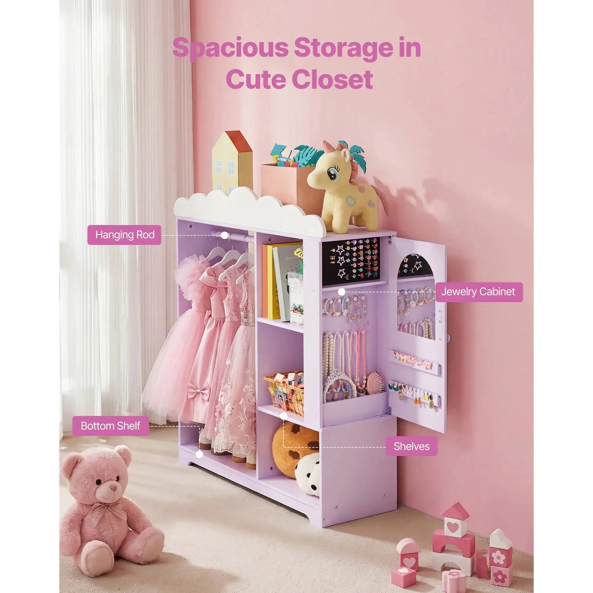 SucceBuy Kids Dress Up Storage Jewelry Dress Up Closet with Mirror & Shelves Princess Costumes Wardrobe Closet for Girls Bedroom from PriceLows™