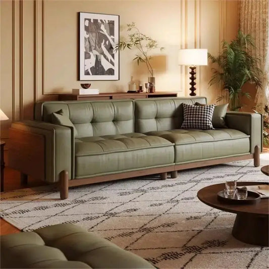 Nordic Retro Genuine Leather Sofa Mid-Century Solid Wood Minimalist Top Grain Cowhide Straight Set for Small Living Room from PriceLows™