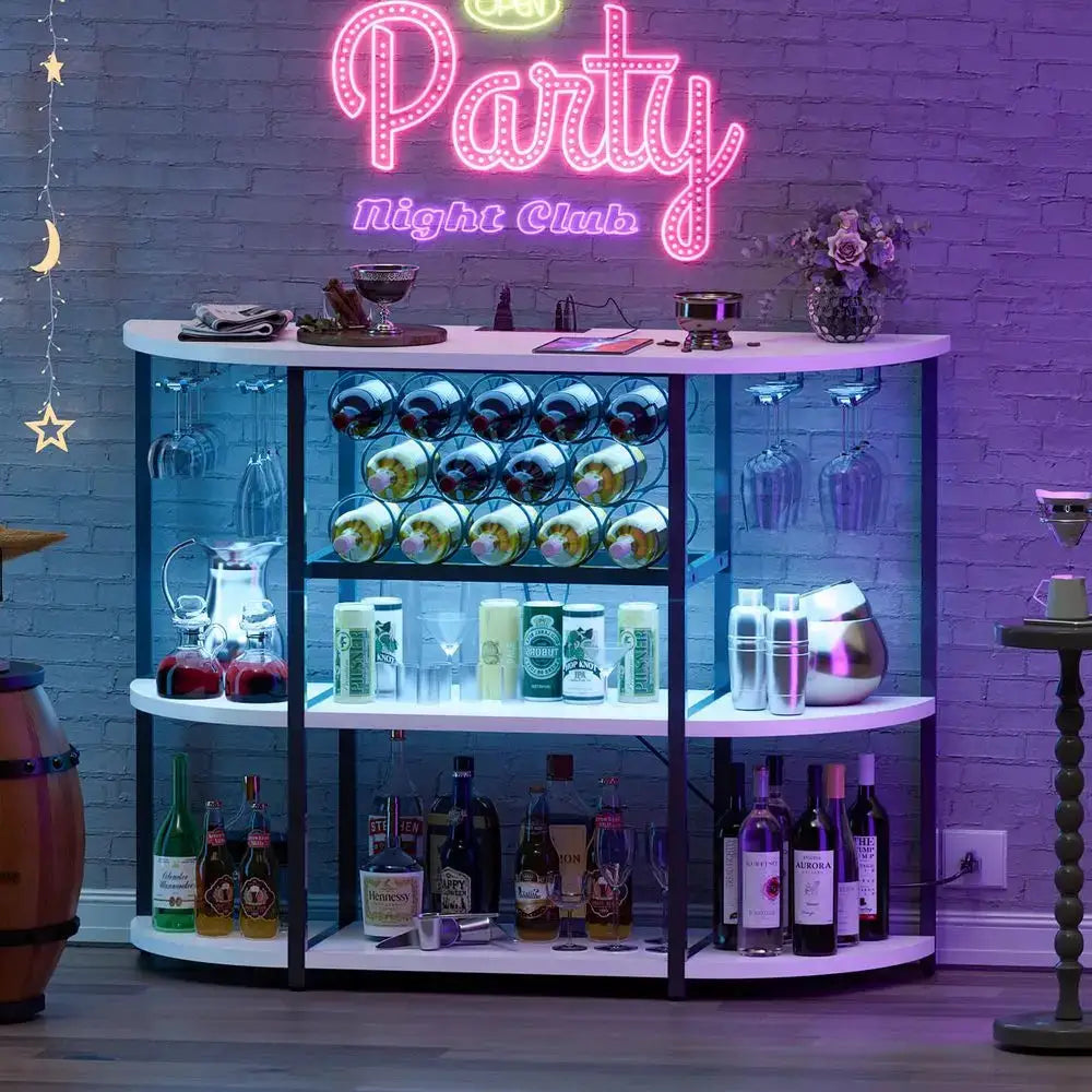 Wine Bar Cabinet for Liquor Bar Table Bar Cabinet with Lights and Outlet 4Tier Storage Freestanding Wine Racks with Glass Holde from PriceLows™