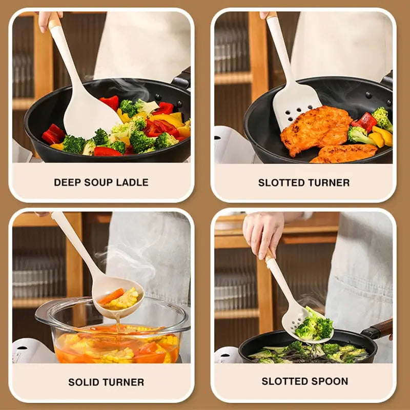 New Silicone Kitchen Cooking Utensils Set Durable Hardwood Handle Heat Resistant Tool Non-stick Turner Slotted Spoon Spatula Kit from PriceLows™
