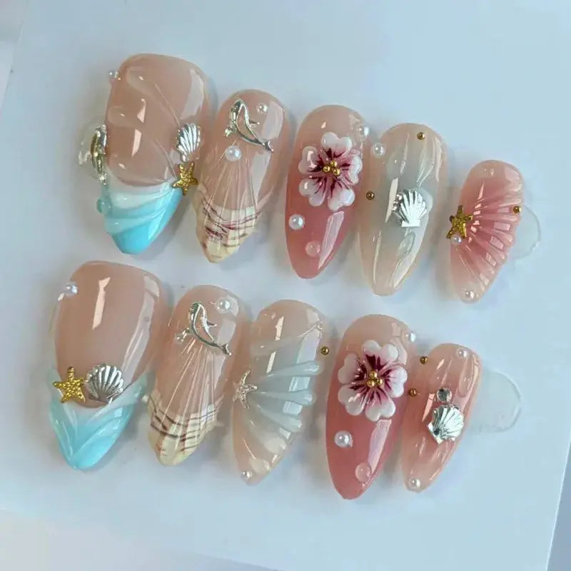 Press On Nails | 3D Seashell Design | Almond Shape | 24 Piece Set