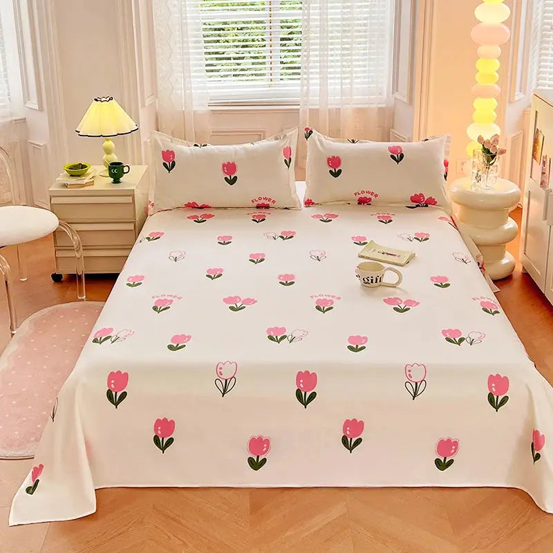 1PC or 3PCS Bed Flat Sheet Pillowcases Bed Cartoon Printed Top Sheets Single/Queen/King Flat Bedsheets Home Bed Linen Sheets from PriceLows™