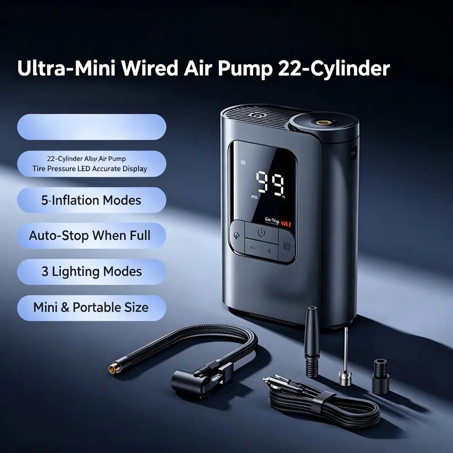 Portable Air Pump | 7500mAh Battery | Auto Stop, 5 Presets | Car/Motorcycle/Bike