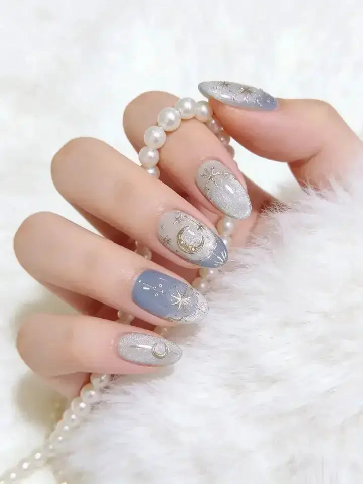 Press On Nails | Sweet Almond Shape | 24 Pcs | Gradient Blue French Design