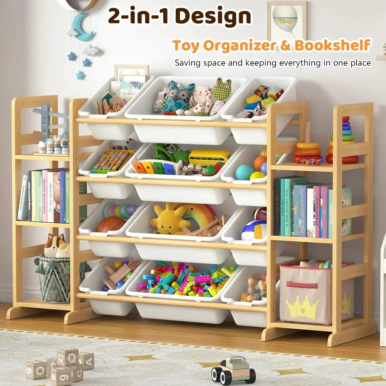 Large Toy Storage Organizer with 12 Bins & 6 Shelves, Bookshelf Combo for Kids, Playroom, Bedroom, Nursery from PriceLows™