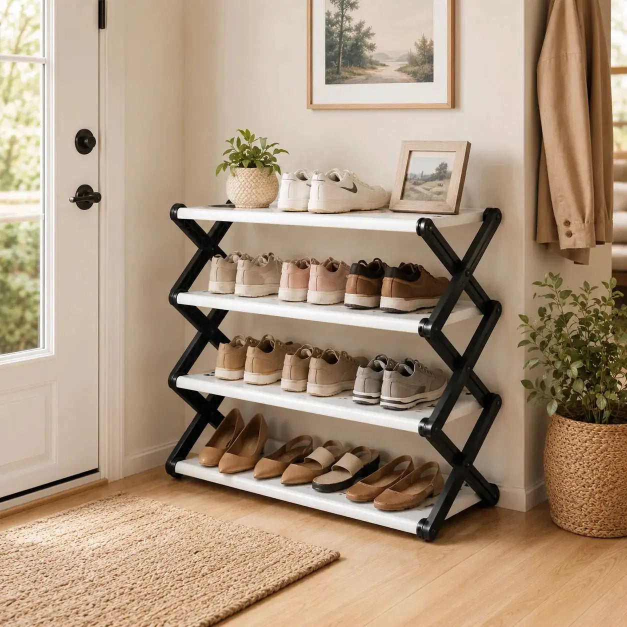 Joybos Foldable Shoe Rack, Space-Saving Entryway Shoe Organizer with Stable X-Frame, PP Shelves & Steel Tubes, No Assembly Needed from PriceLows™