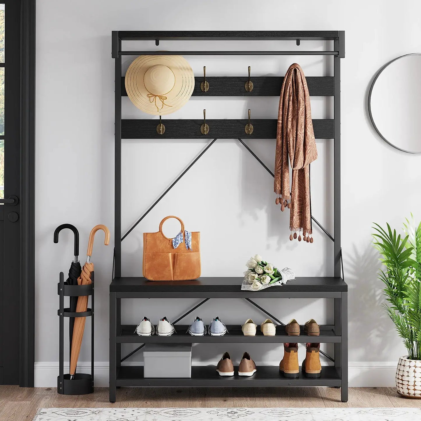 72Inch Tall Coat Rack 5-in-1 Shoe Rack Shoe Bench with Storage shelves 8 Hooks Industrial Accent Furniture Hallway Organizer from PriceLows™
