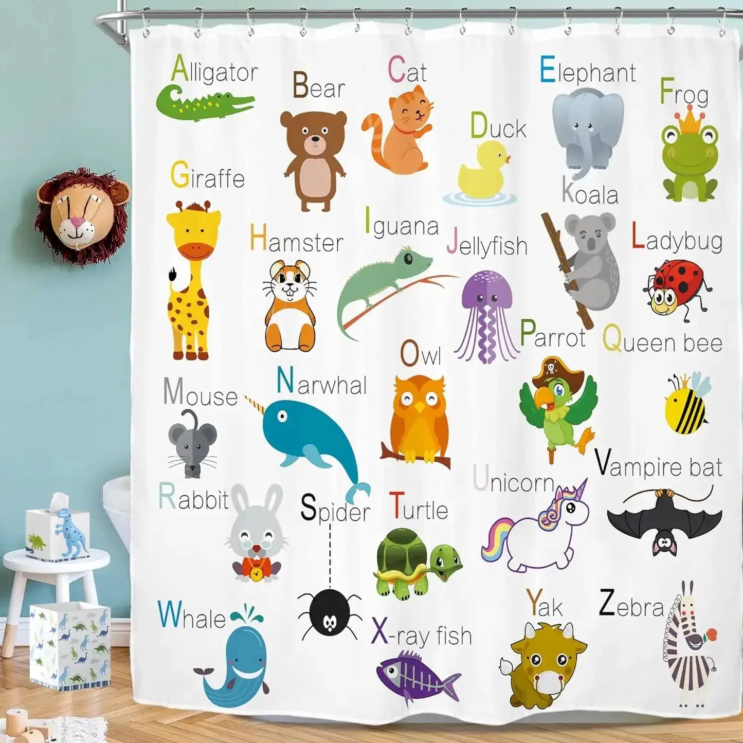 Cartoon Animal Alphabet Shower Curtain Kids ABC Educational Learning Tools Baby Girls Boys Colourful Bath Curtain Bathroom Decor from PriceLows™