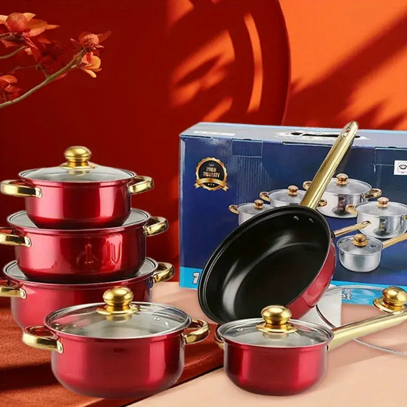 us12pcs Red Pot Set, Stainless Steel, Non-Stick Pan, Kitchen Cookware Set, Non-Stick Cooking Set, A Variety of Pots to Meet All Kitchen Needs, The Most Beautiful And Practical Gift for Mothersd from PriceLows™