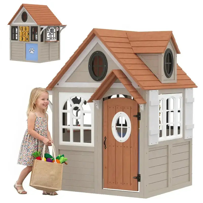 Qaba Outdoor Playhouse, Wooden Kids Playhouse with Dog Door, Cookware, Blackboard, Clock, Tic-Tac-Toe Roller for Backyard from PriceLows™
