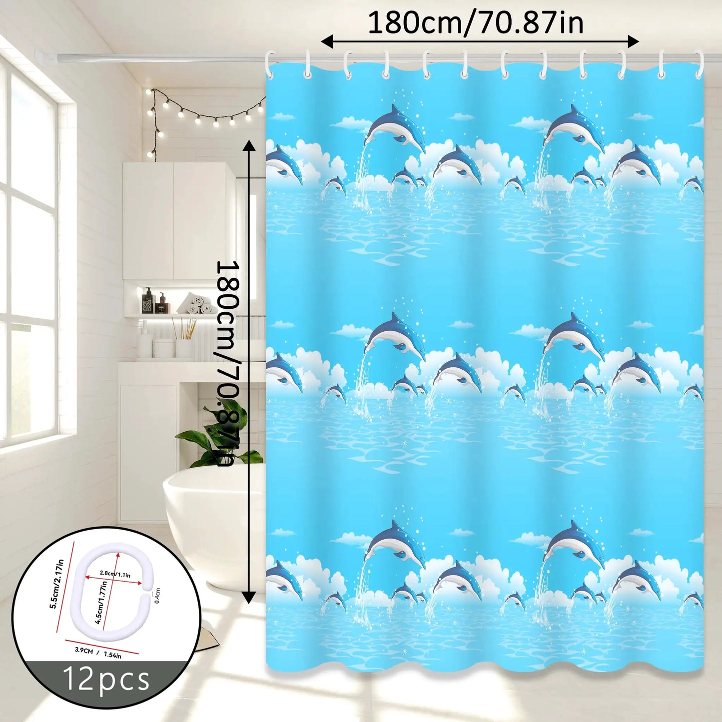 Dolphin Print Cartoon Shower Curtain, Ocean-Themed Bathroom Curtain, Cute Bathroom Curtain for Parent-Child Room from PriceLows™