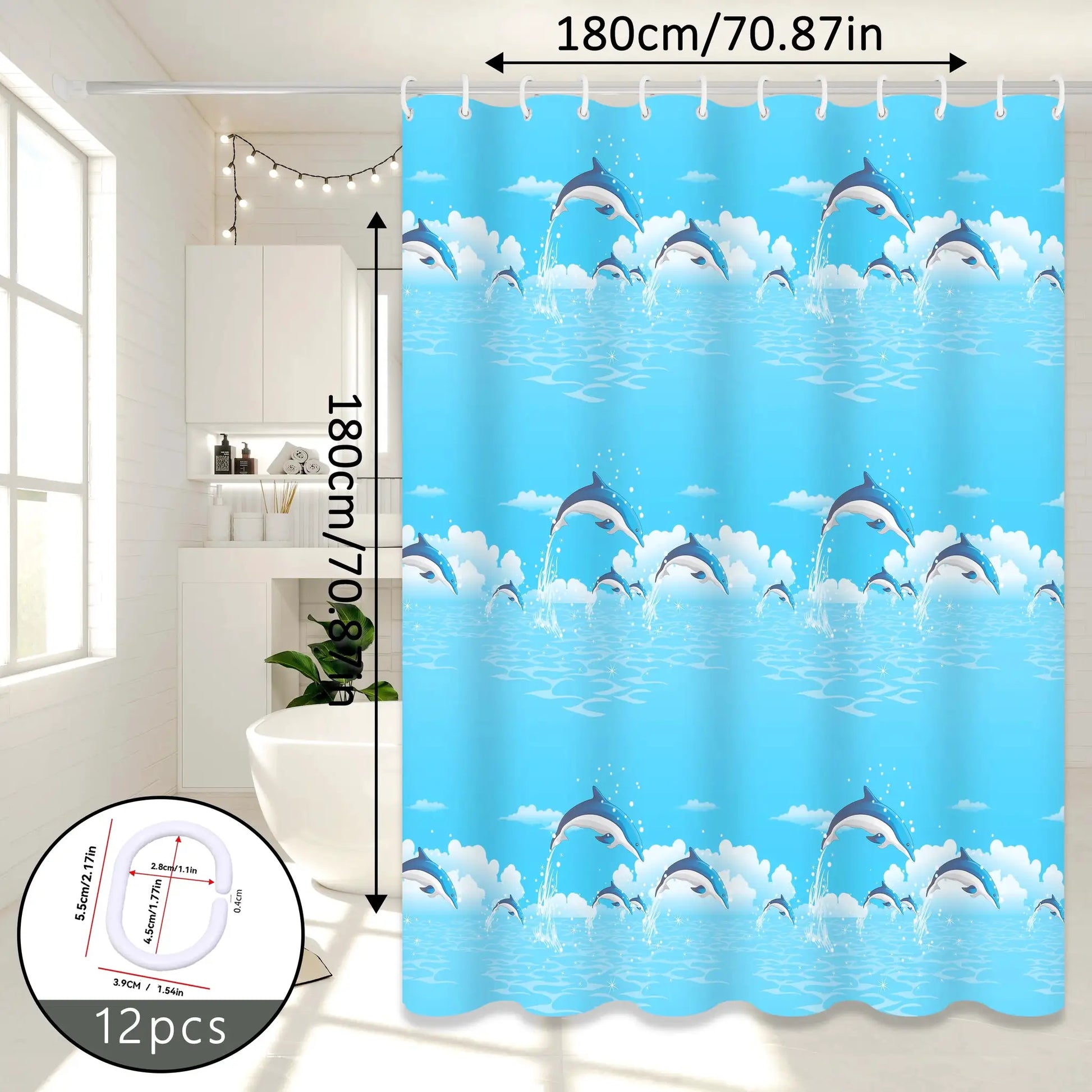 Dolphin Print Cartoon Shower Curtain, Ocean-Themed Bathroom Curtain, Cute Bathroom Curtain for Parent-Child Room from PriceLows™