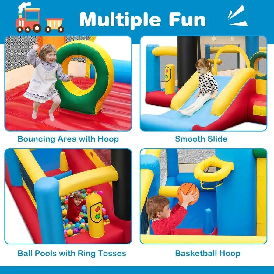 Inflatable Bounce House Train Theme Jumping Castle with Slide Ball Pit Basketball Rim for Indoor Outdoor Use Fun and Safe Infla from PriceLows™