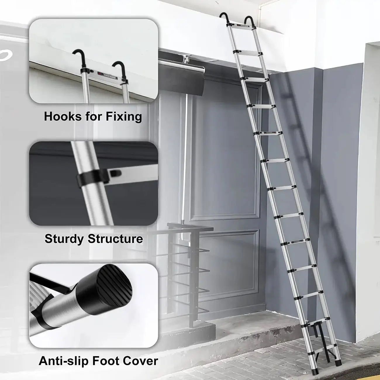 2.6M-5M Extension Ladder Stainless Steel Sturdy and Stable Anti-Slip Feet for Loft Arttic Outdoor EN131 150KG Load Capacity from PriceLows™