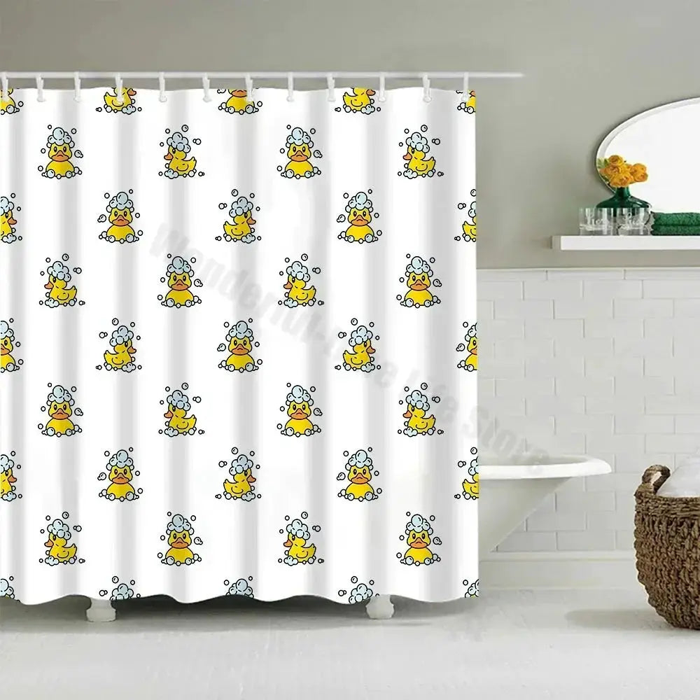 Cute Little Yellow Duck Shower Curtain Cartoon Funny Smiley Face Bathroom Waterproof Bath Duck Fabric 12 Hooks Bathroom Decor from PriceLows™