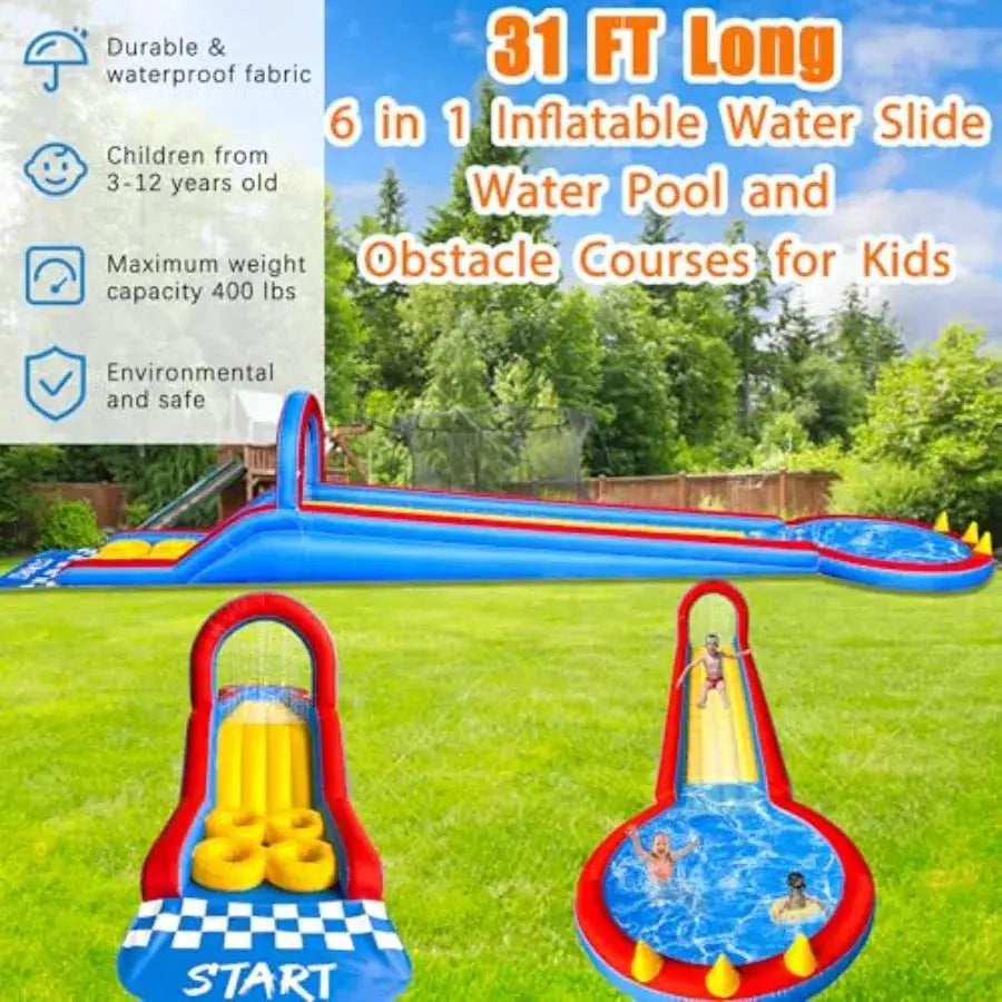Outdoor backyard water bounce house: 31FT inflatable water slide park with obstacle courses climbing ramp splash pool overhead from PriceLows™